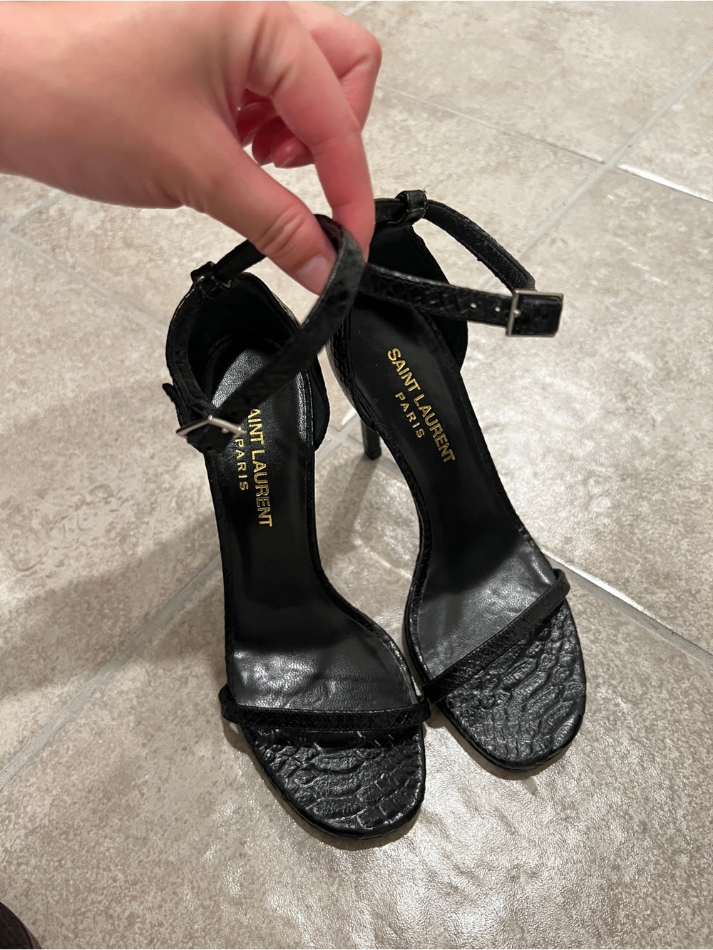 Saint Laurent Black Croc-Textured Ankle-Strap Stilettos